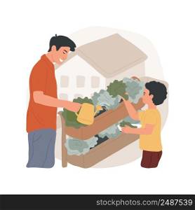 Growing herbs and leafy greens isolated cartoon vector illustration. Parent and kid spraying leafy greens with water, growing lettuce at balcony, family hobby, home gardening vector cartoon.. Growing herbs and leafy greens isolated cartoon vector illustration.