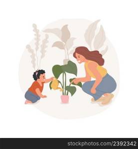Growing home plants isolated cartoon vector illustration Child watering pot with plant, planting home flowers with mother, indoor garden, parental child care, homeschooling vector cartoon.. Growing home plants isolated cartoon vector illustration