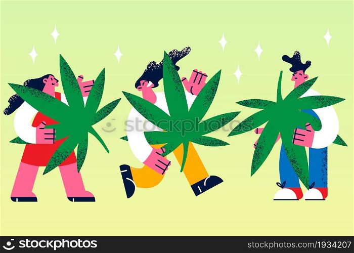 Growing marijuana grass legalization concept. Group of young smiling people cartoon characters standing holding huge marijuana leaves in hands vector illustration. Growing marijuana grass legalization concept