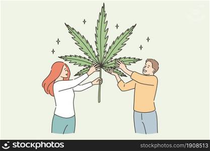 Growing marijuana herbal medicine concept. Two young smiling people cartoon characters standing holding huge marijuana leaf in hands vector illustration. Growing marijuana herbal medicine concept