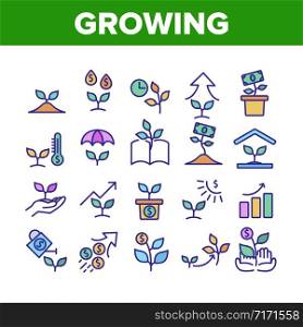 Growing Money Plant Collection Icons Set Vector. Growing Leaves Tree With Banknote And Graphic Arrow, Hands Holding Branch Concept Linear Pictograms. Color Contour Illustrations. Growing Money Plant Collection Icons Set Vector
