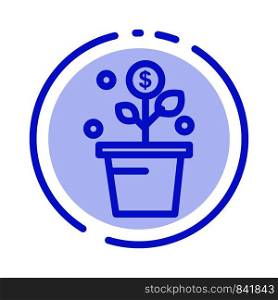 Growing, Money, Success, Pot, Plant Blue Dotted Line Line Icon