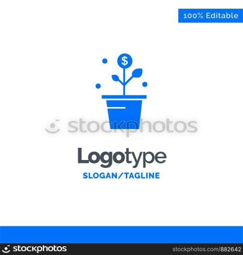 Growing, Money, Success, Pot, Plant Blue Solid Logo Template. Place for Tagline