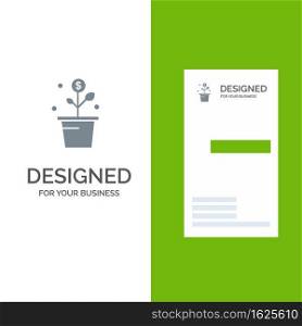 Growing, Money, Success, Pot, Plant Grey Logo Design and Business Card Template