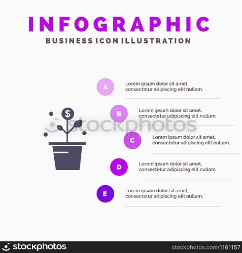 Growing, Money, Success, Pot, Plant Solid Icon Infographics 5 Steps Presentation Background