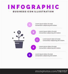 Growing, Money, Success, Pot, Plant Solid Icon Infographics 5 Steps Presentation Background