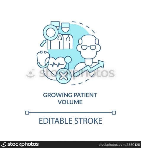 Growing patient volume turquoise concept icon. Challenge for healthcare professionals abstract idea thin line illustration. Isolated outline drawing. Editable stroke. Arial, Myriad Pro-Bold fonts used. Growing patient volume turquoise concept icon