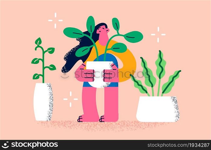 Growing plants and home flowers concept. Young smiling woman cartoon character standing holding green blooming flowers house plants in pots vector illustration . Growing plants and home flowers concept.
