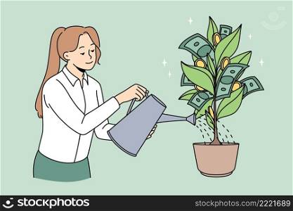 Growing profit and financial success concept. Smiling woman worker standing and watering green money plant tree with cash money on branches vector illustration . Growing profit and financial success concept