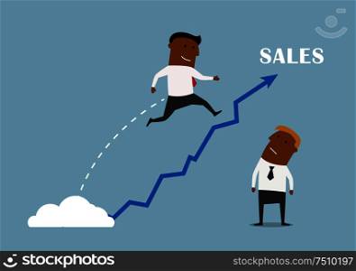 Growing sales and business success concept. Cartoon businessman has skyrocketed with increasing arrow of sales chart. Businessman with a growing sales chart