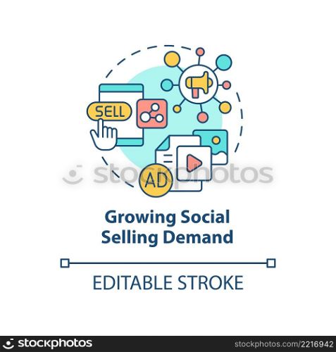 Growing social selling demand concept icon. Internet promotion. SMM marketing trend abstract idea thin line illustration. Isolated outline drawing. Editable stroke. Arial, Myriad Pro-Bold fonts used. Growing social selling demand concept icon