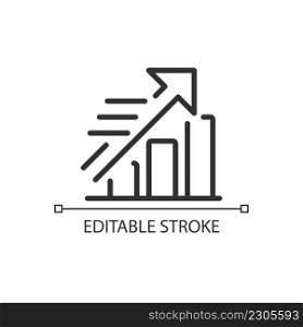 Growing statistics pixel perfect linear icon. Data analysis. Data collection. Market strategy. Thin line illustration. Contour symbol. Vector outline drawing. Editable stroke. Arial font used. Growing statistics pixel perfect linear icon