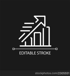 Growing statistics pixel perfect white linear icon for dark theme. Financial data collection. Market strategy. Thin line illustration. Isolated symbol for night mode. Editable stroke. Arial font used. Growing statistics pixel perfect white linear icon for dark theme