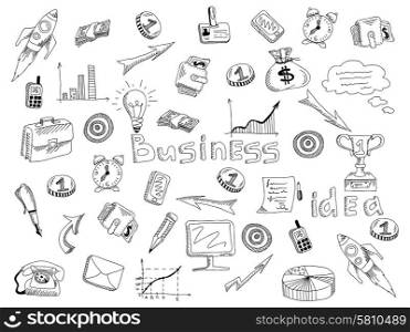 Growing successful business main strategic company organizing principles symbols outlined icons composition black sketch abstract vector illustration. Business strategy icons outline sketch