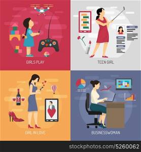 Growing Up Design Concept. Women evolution digital gadget design concept with female using gadgets for gaming social networks and work vector illustration