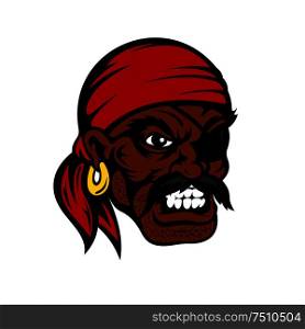 Growling cartoon african american pirate face with eye patch, red bandana and gold earring, for nautical or marine adventure themes design. Cartoon unshaven angry pirate with eye patch