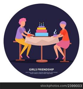 Grown up girlfriends birthday party night celebration orthogonal dark background friendship poster with colorful cake vector illustration . Girls Friendship Orthogonal Background