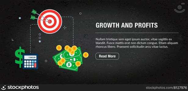 Growth and profits concept banner internet with icons in vector. Web banner template for website, banner internet for mobile design and social media app.Business and communication layout with icons.