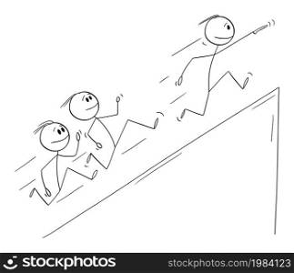 Growth and recession in business, businessmen running up market problem and crisis, vector cartoon stick figure or character illustration.. Businessmen Running Up, but Recession or Crisis is Coming, Vector Cartoon Stick Figure Illustration