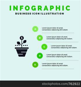 Growth, Business, Care, Finance, Grow, Growing, Money, Raise Solid Icon Infographics 5 Steps Presentation Background
