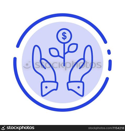 Growth, Business, Grow, Growing, Dollar, Plant, Raise Blue Dotted Line Line Icon