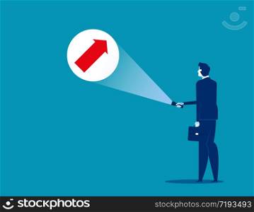 Growth. Businessman holding flashlight uncovering hidden arrow sign. Concept business vector illustration.