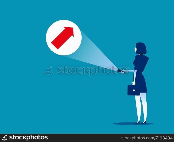 Growth. Businesswoman holding flashlight uncovering hidden arrow sign. Concept business vector illustration.