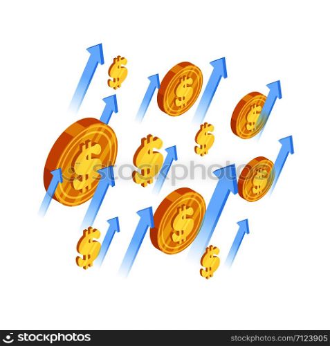 Growth dollar vector concept. Arrows and dollar coins isometric illustration. Dollar money, finance isometric coins. Growth dollar vector concept. Arrows and dollar coins isometric illustration