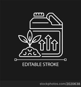 Growth enhancer linear icon for dark theme. Plant, crops growing accelerator. Nourishing additive. Thin line customizable illustration. Isolated vector contour symbol for night mode. Editable stroke. Growth enhancer linear icon for dark theme