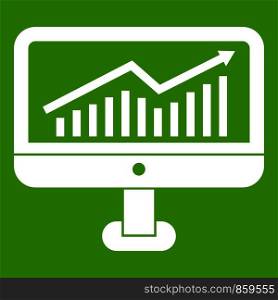 Growth graph on the computer monitor icon white isolated on green background. Vector illustration. Growth graph on the computer monitor icon green