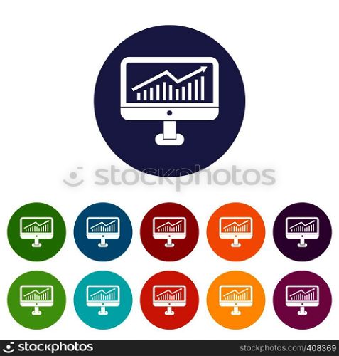 Growth graph on the computer monitor set icons in different colors isolated on white background. Growth graph on the computer monitor set icons