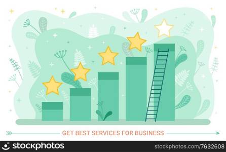 Growth graphic and service rate, stars and ladder. Business and work, chart or graph, evaluation and estimation abstract concept, giving grade. Vector illustration in flat cartoon style. Service Rate and Growth Graphic, Stars and Ladder