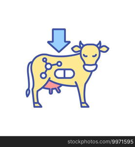 Growth hormones for cattle RGB color icon. Livestock animal. Genetic manipulation. Drugs for milk cows. Dairy industry. Cheese production. Agriculture manufacture. Isolated vector illustration. Growth hormones for cattle RGB color icon