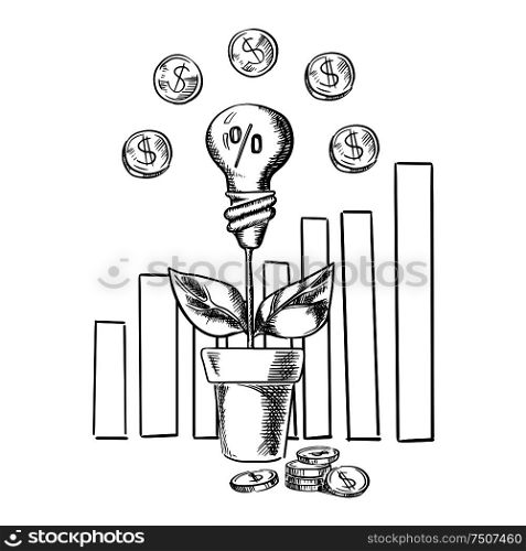 Growth idea light bulb flower and business chart with dollar coins, sketch style. Growth chart and idea light bulb with flower