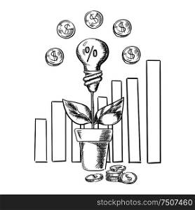 Growth idea light bulb flower and business chart with dollar coins, sketch style. Growth chart and idea light bulb with flower