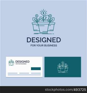 growth, money, plant, pot, tree Business Logo Line Icon Symbol for your business. Turquoise Business Cards with Brand logo template. Vector EPS10 Abstract Template background