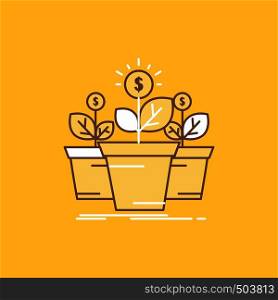 growth, money, plant, pot, tree Flat Line Filled Icon. Beautiful Logo button over yellow background for UI and UX, website or mobile application. Vector EPS10 Abstract Template background