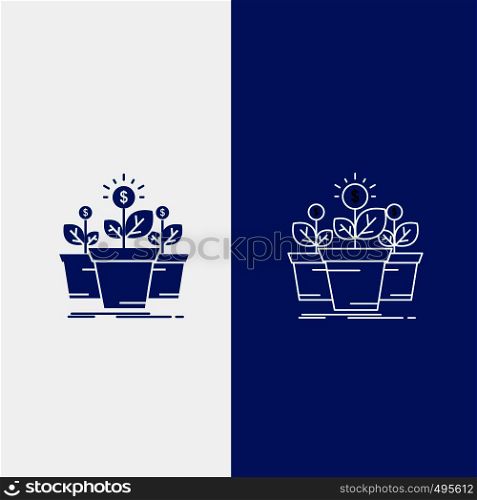growth, money, plant, pot, tree Line and Glyph web Button in Blue color Vertical Banner for UI and UX, website or mobile application. Vector EPS10 Abstract Template background