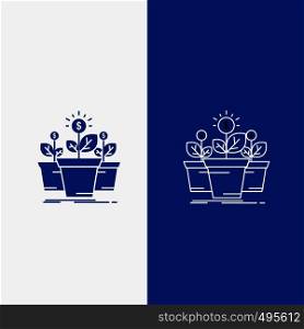 growth, money, plant, pot, tree Line and Glyph web Button in Blue color Vertical Banner for UI and UX, website or mobile application. Vector EPS10 Abstract Template background