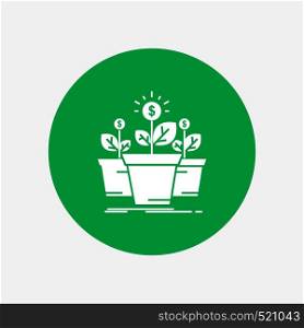 growth, money, plant, pot, tree White Glyph Icon in Circle. Vector Button illustration. Vector EPS10 Abstract Template background