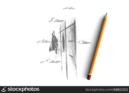 Growth of business concept. Hand drawn superhero flying up near the wall of skyscraper. Motion up isolated vector illustration.. Growth of business concept. Hand drawn isolated vector.