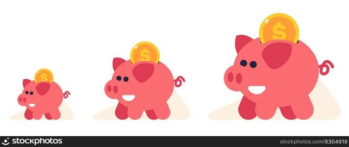 Growth of income. Piggy bank. Savings increase. Successful investment. Cash keeping. Gold dollar coins. Value growing. Pink pig for money. Financial banking deposit. Business progress. Vector concept. Growth of income. Piggy bank. Savings increase. Successful investment. Gold dollar coins. Value growing. Pink pig for money. Financial banking deposit. Business progress. Vector concept