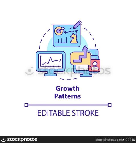 Growth patterns concept icon. Business tools advantage abstract idea thin line illustration. Product development. Isolated outline drawing. Editable stroke. Roboto-Medium, Myriad Pro-Bold fonts used. Growth patterns concept icon