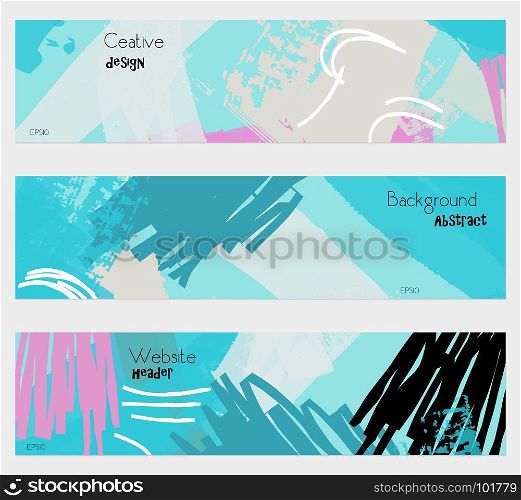 Grudge textured strokes blue banner set.Hand drawn textures creative abstract design. Website header social media advertisement sale brochure templates. Isolated on layer