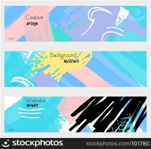 Grudge textured strokes blue yellow banner set.Hand drawn textures creative abstract design. Website header social media advertisement sale brochure templates. Isolated on layer