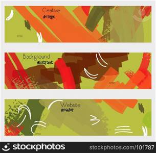 Grudge textured strokes orange green banner set.Hand drawn textures creative abstract design. Website header social media advertisement sale brochure templates. Isolated on layer