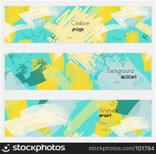 Grudge textured strokes yellow green banner set.Hand drawn textures creative abstract design. Website header social media advertisement sale brochure templates. Isolated on layer