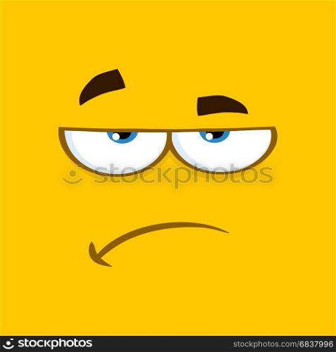 Grumpy Cartoon Square Emoticons With Sadness Expression. Illustration With Yellow Background