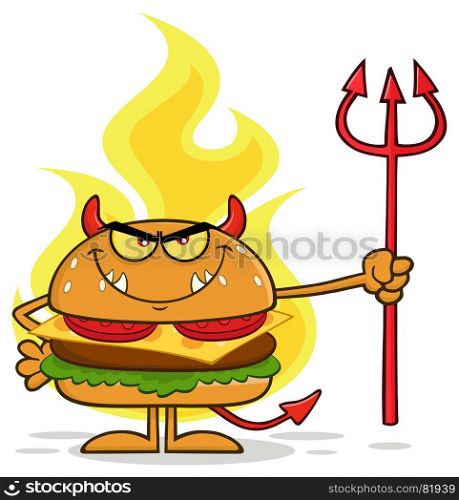 Grumpy Devil Burger Cartoon Character Holding A Trident Over Flames. Illustration Isolated On White Background
