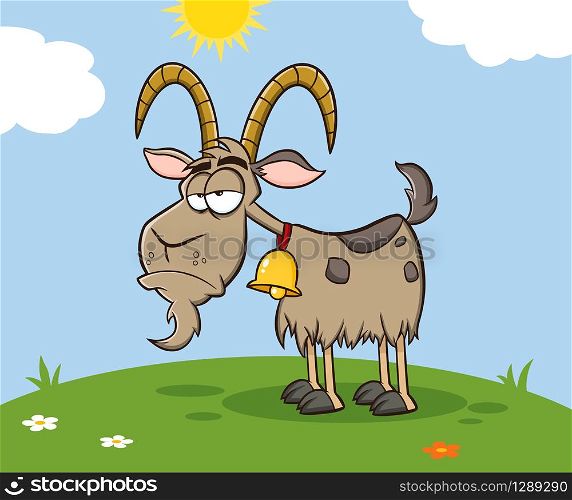Grumpy Goat Cartoon Mascot Character On A Meadow. Vector Illustration With Background